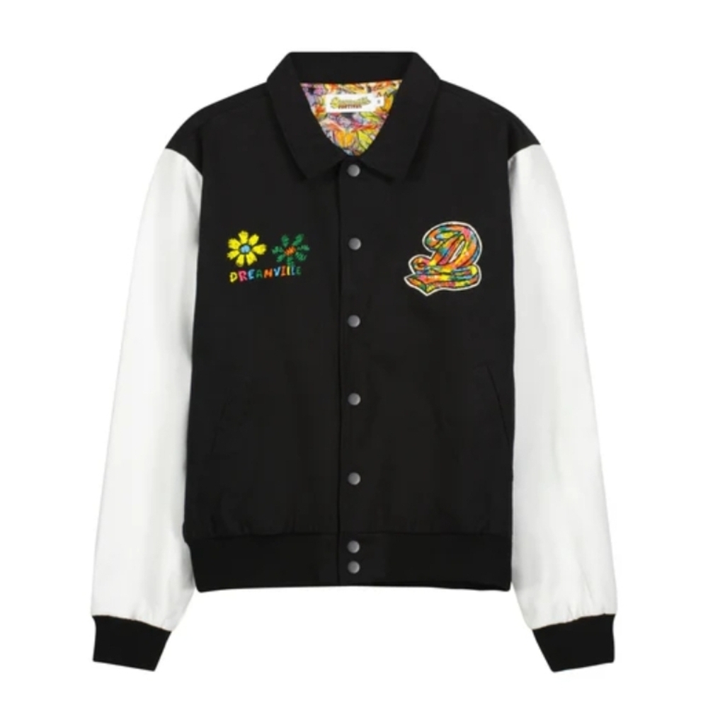 Black and White Varsity Jacket with Embroidered Patches